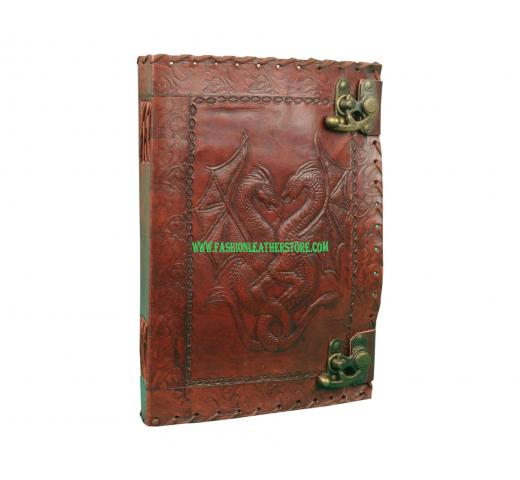 Handmade Quality Product  Leather Refillable Journal Double Dragon Diary Sketchbook Travel Blank Book Brown gifts for He Or She